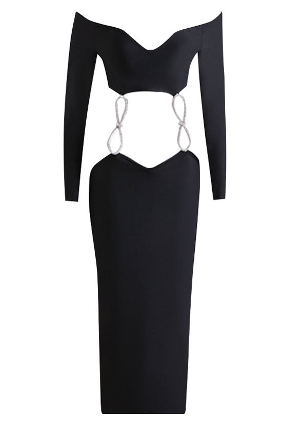 Rhinestone Sparkly Bow Cutout Off Shoulder Bandage Cocktail Midi Dress - Black