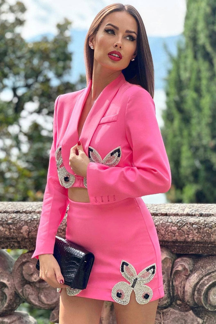 Shimmer Rhinestone Butterfly Lapel Cropped Blazer Two Piece Mini Dress - Pink
