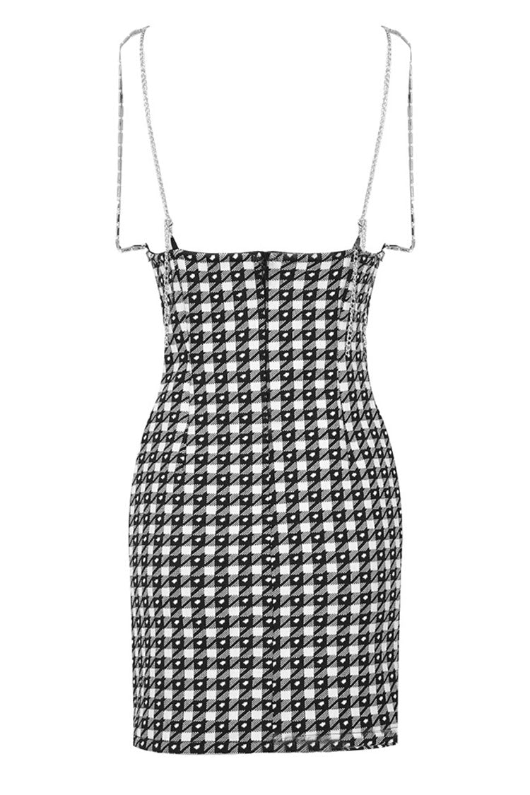 Glam Rhinestone Cami V Neck Houndstooth Print Knitted Slip Mini Dress - Black