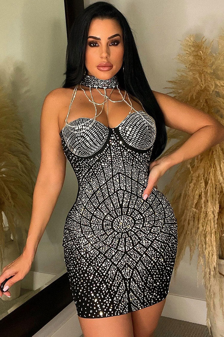 Shimmer Rhinestone Chain Halter Sweetheart Bodycon Party Mini Dress - Black