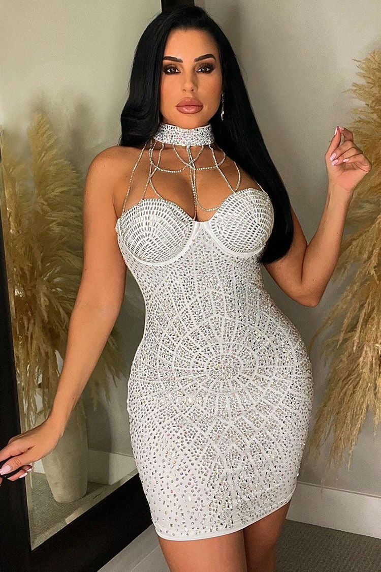 Glam Rhinestone Chain Halter Sweetheart Bodycon Party Mini Dress - White