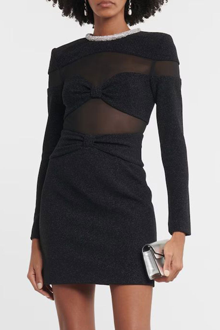 Glam Rhinestone Crew Neck Sheer Mesh Bowknot Party Mini Dress - Black