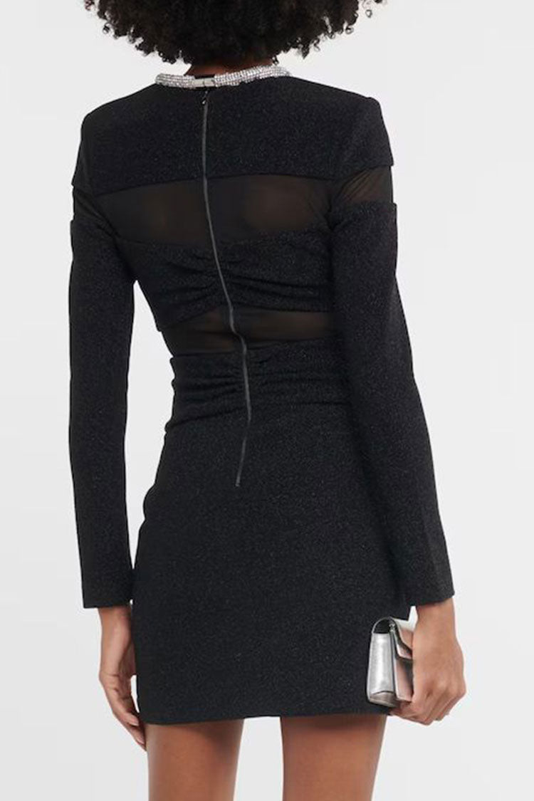 Glam Rhinestone Crew Neck Sheer Mesh Bowknot Party Mini Dress - Black