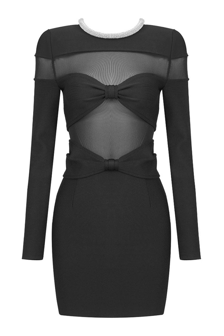 Glam Rhinestone Crew Neck Sheer Mesh Bowknot Party Mini Dress - Black
