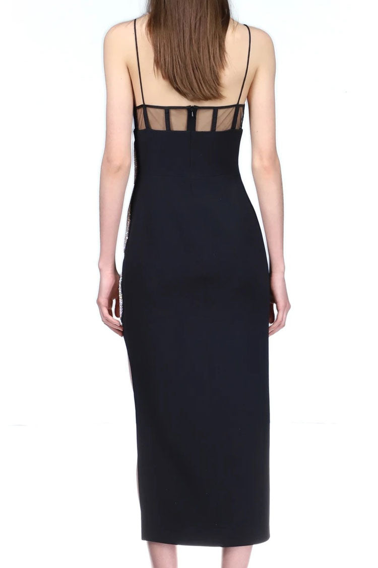 Rhinestone Sparkly Cutout Spaghetti Strap Bandage Midi Dress - Black