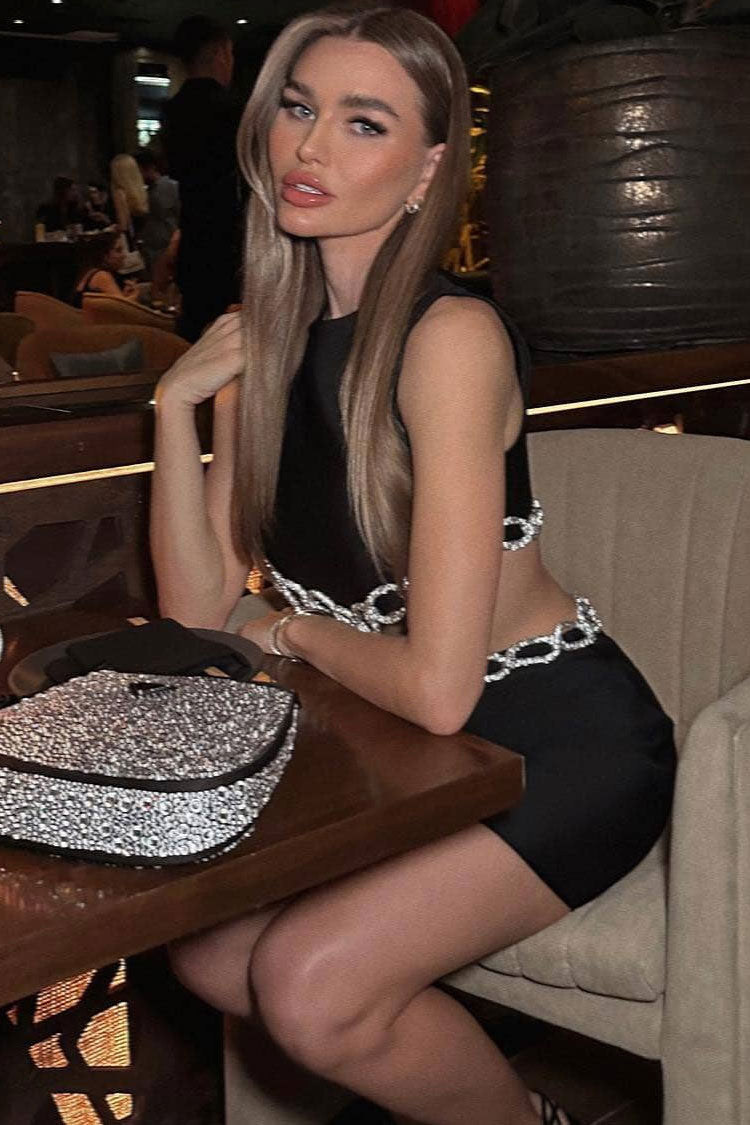Shimmer Rhinestone Cutout Side Pocket Bandage Sleeveless Party Mini Dress - Black