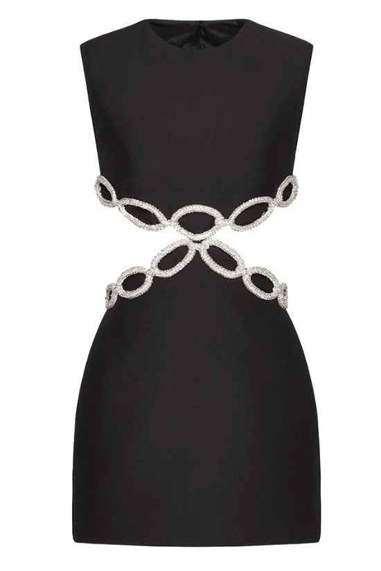 Shimmer Rhinestone Cutout Side Pocket Bandage Sleeveless Party Mini Dress - Black