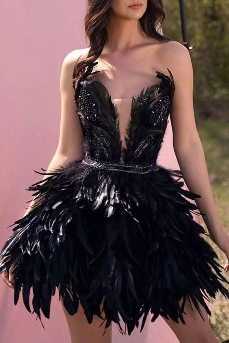 Glam Rhinestone Deep V Strapless Prom Party Feather Mini Dress - Black