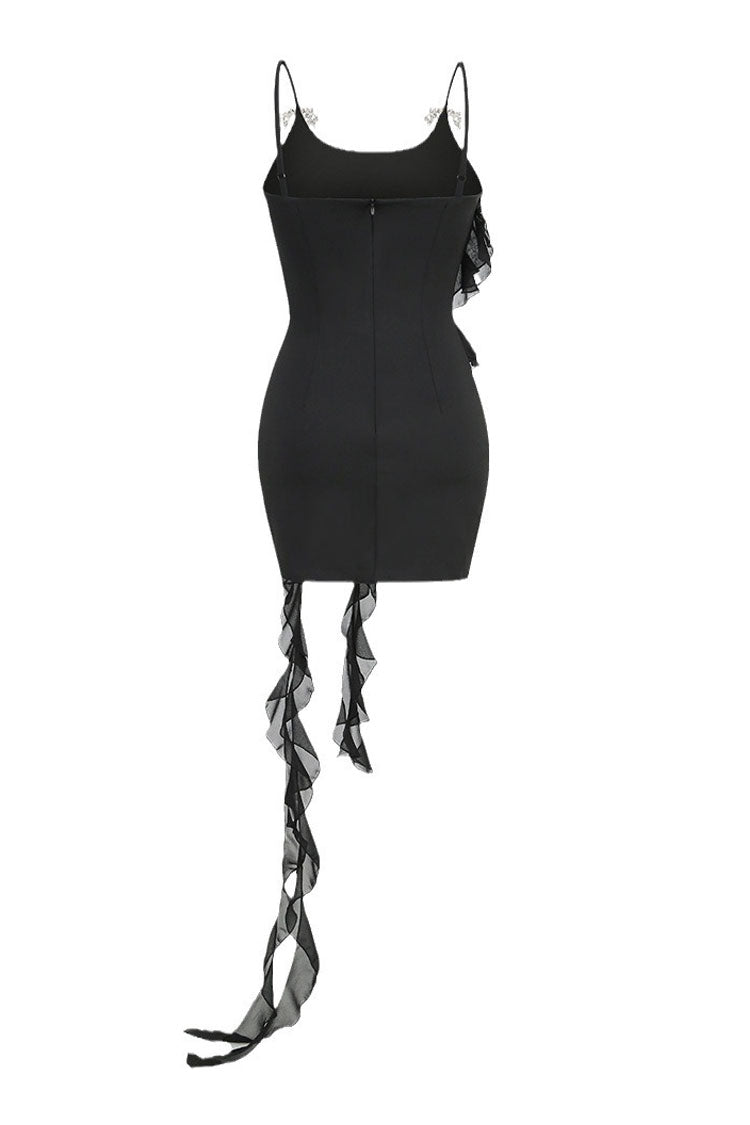 Sequined Rhinestone Flower Brooch Sleeveless Draped Ruffle Party Mini Dress - Black