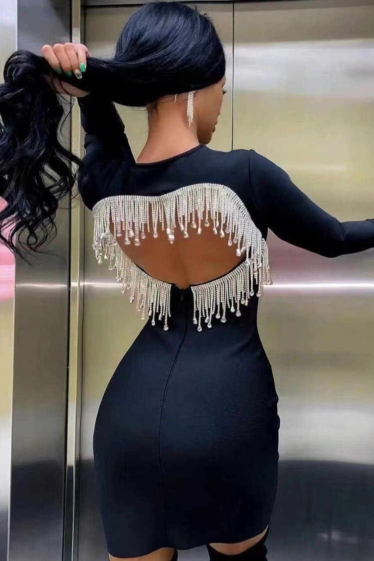 Glam Rhinestone Fringe Cutout Back Crew Neck Bodycon Party Mini Dress - Black