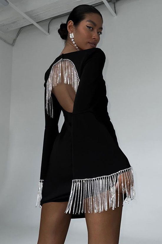 Sequined Rhinestone Fringe Cutout Square Neck Long Sleeve Party Mini Dress - Black