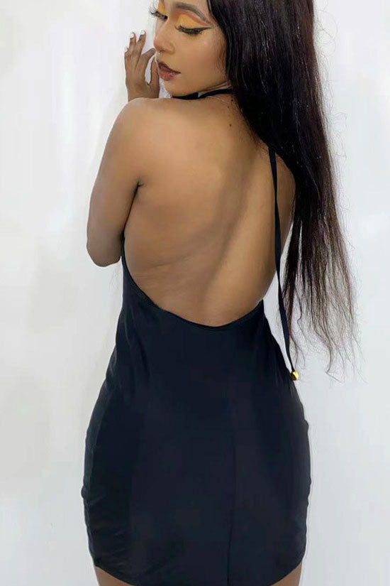 Glam Rhinestone Fringe Deep V Neck Halter Bodycon Party Mini Dress - Black