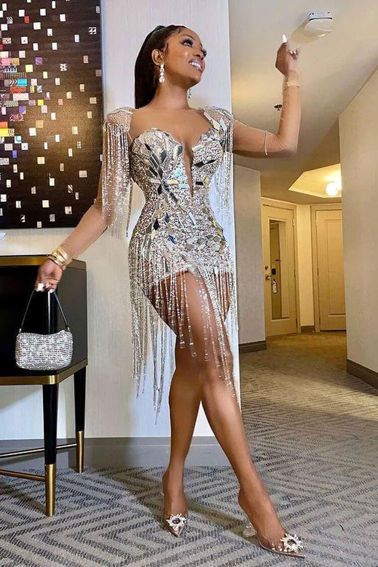 Glam Rhinestone Fringe Epaulet Sheer Mesh Sequin Party Mini Dress - Silver