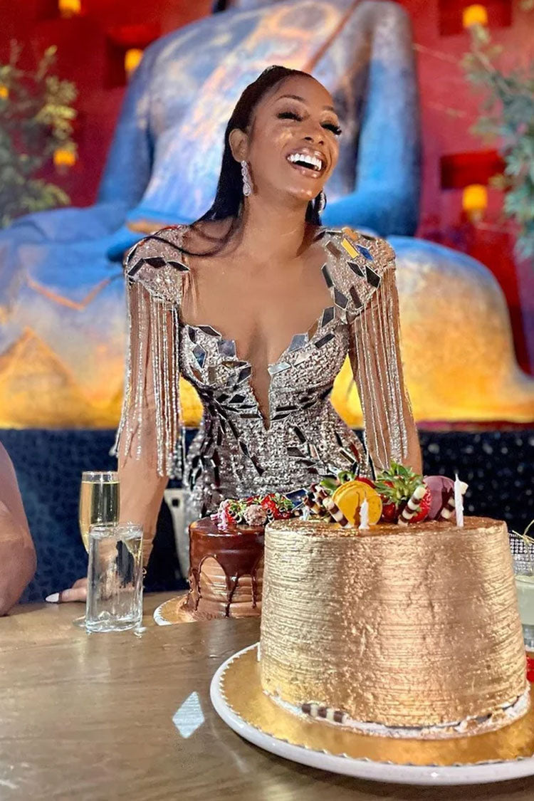 Glam Rhinestone Fringe Epaulet Sheer Mesh Sequin Party Mini Dress - Silver