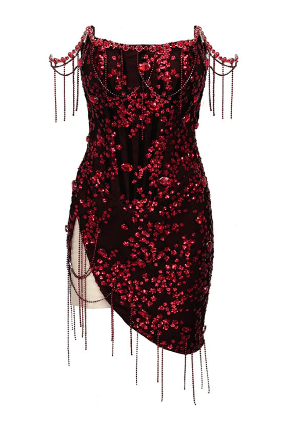 Glam Rhinestone Fringe Sequin Split Semi Sheer Corset Party Mini Dress - Burgundy