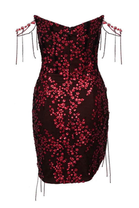 Glam Rhinestone Fringe Sequin Split Semi Sheer Corset Party Mini Dress - Burgundy