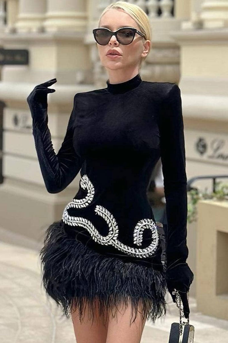 Sequined Rhinestone Glove Long Sleeve Faux Feather Velvet Party Mini Dress - Black
