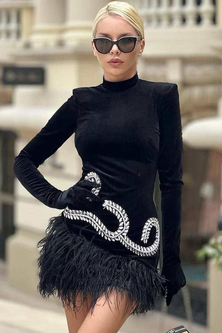 Sequined Rhinestone Glove Long Sleeve Faux Feather Velvet Party Mini Dress - Black