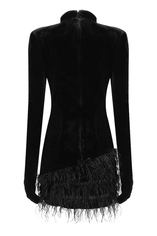 Sequined Rhinestone Glove Long Sleeve Faux Feather Velvet Party Mini Dress - Black