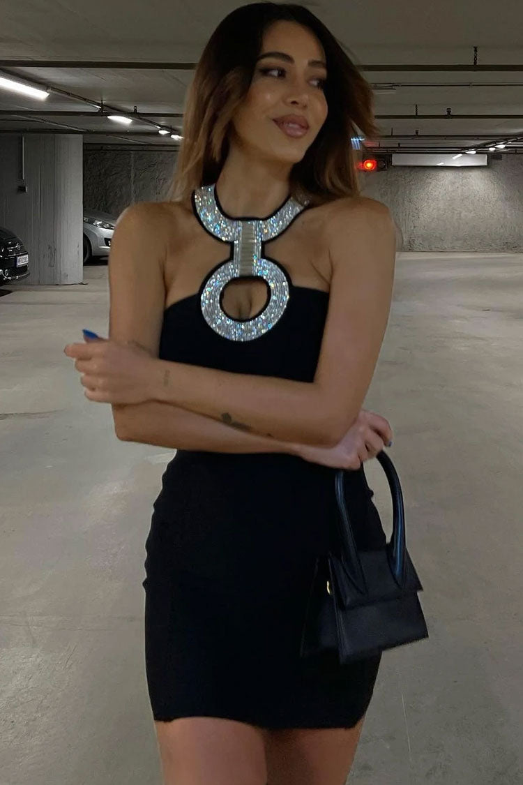 Sequined Rhinestone Cutout Sleeveless Bodycon Bandage Cocktail Mini Dress - Black