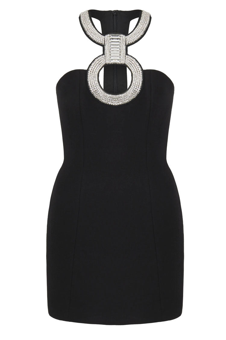 Sequined Rhinestone Cutout Sleeveless Bodycon Bandage Cocktail Mini Dress - Black