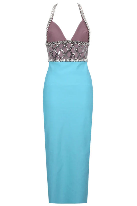 Rhinestone Sparkly Halter Deep V Sequin Bicolor Bandage Cocktail Midi Dress - Sky Blue
