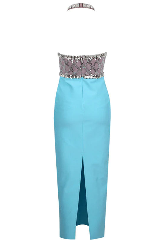Rhinestone Sparkly Halter Deep V Sequin Bicolor Bandage Cocktail Midi Dress - Sky Blue