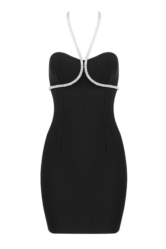 Sequined Rhinestone Halter Neck Bandage Cocktail Party Mini Dress - Black
