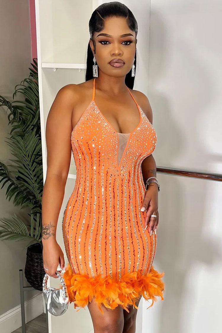 Shimmer Rhinestone Halter Neck Bodycon Feather Trim Party Mini Dress - Orange