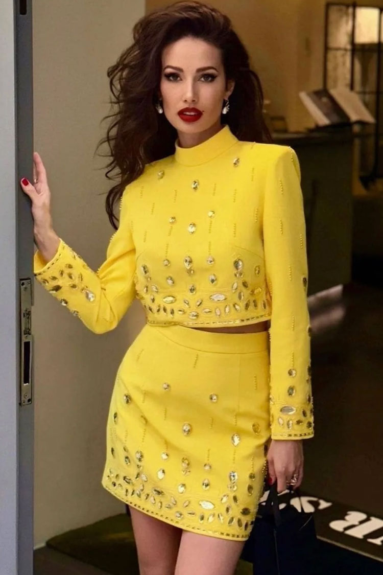 Glam Rhinestone High Neck Crop Top High Waist Two Piece Mini Dress - Yellow