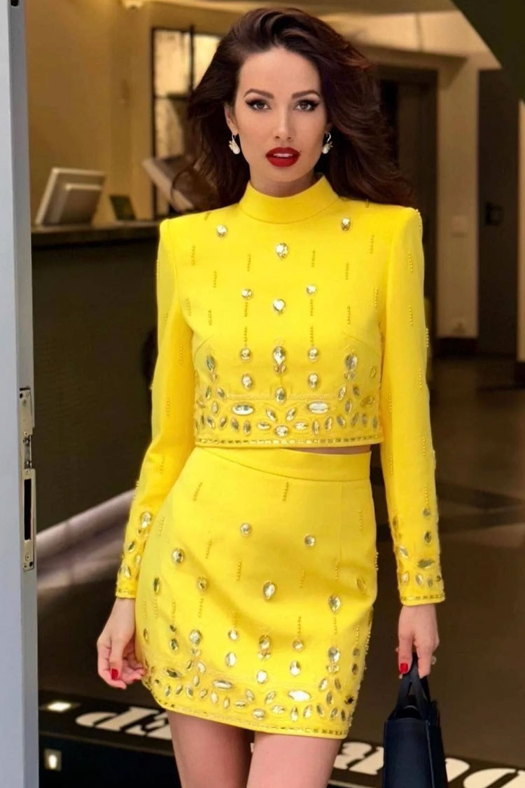 Glam Rhinestone High Neck Crop Top High Waist Two Piece Mini Dress - Yellow