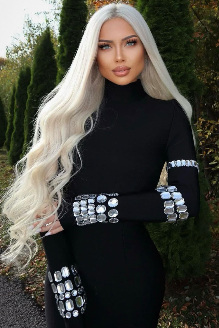 Rhinestone Sparkly High Neck Long Sleeve Bodycon Bandage Knit Midi Dress - Black