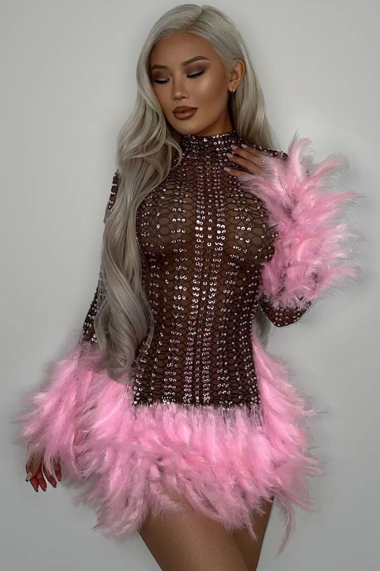 Shimmer Rhinestone High Neck Sheer Mesh Feather Trim Party Mini Dress - Pink
