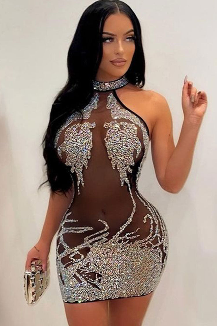 Shimmer Rhinestone High Neck Sleeveless Sheer Mesh Club Mini Dress - Black