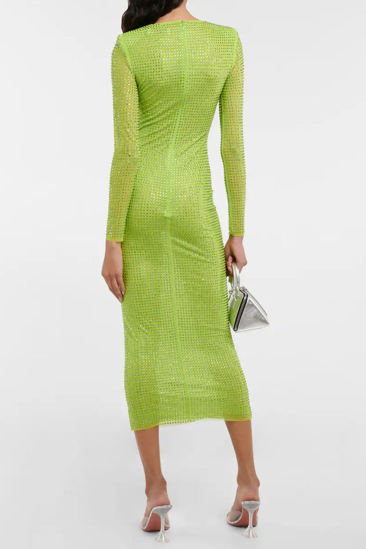 Rhinestone Sparkly Long Sleeve Bodycon Mesh Sheer Midi Dress - Sage Green