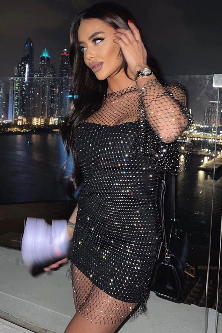 Shimmer Rhinestone Long Sleeve Fishnet Sheer Club Mini Dress - Black