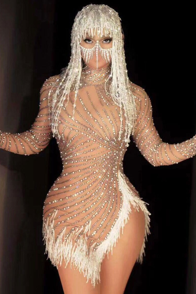 Shimmer Rhinestone Pearl High Neck Sheer Mesh Fringe Split Party Mini Dress - Nude
