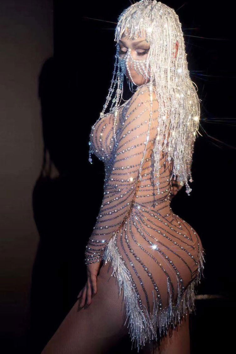 Shimmer Rhinestone Pearl High Neck Sheer Mesh Fringe Split Party Mini Dress - Nude