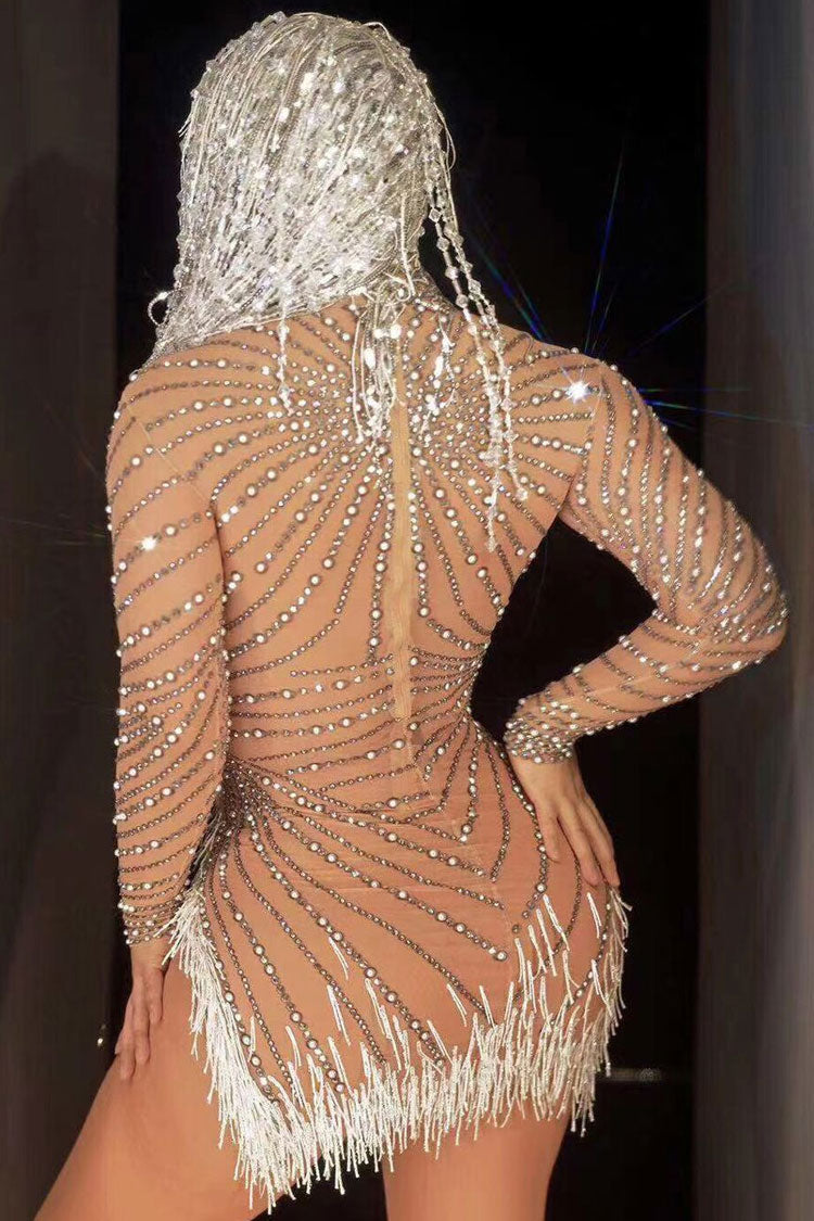 Shimmer Rhinestone Pearl High Neck Sheer Mesh Fringe Split Party Mini Dress - Nude