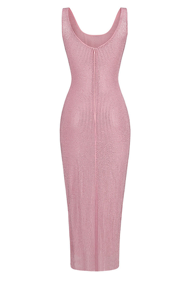 Rhinestone Sparkly Scoop Neck Mesh Sleeveless Bodycon Cocktail Midi Dress - Pink