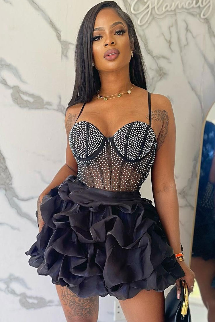 Shimmer Rhinestone Sheer Mesh Sleeveless Ruffle Party Mini Dress - Black