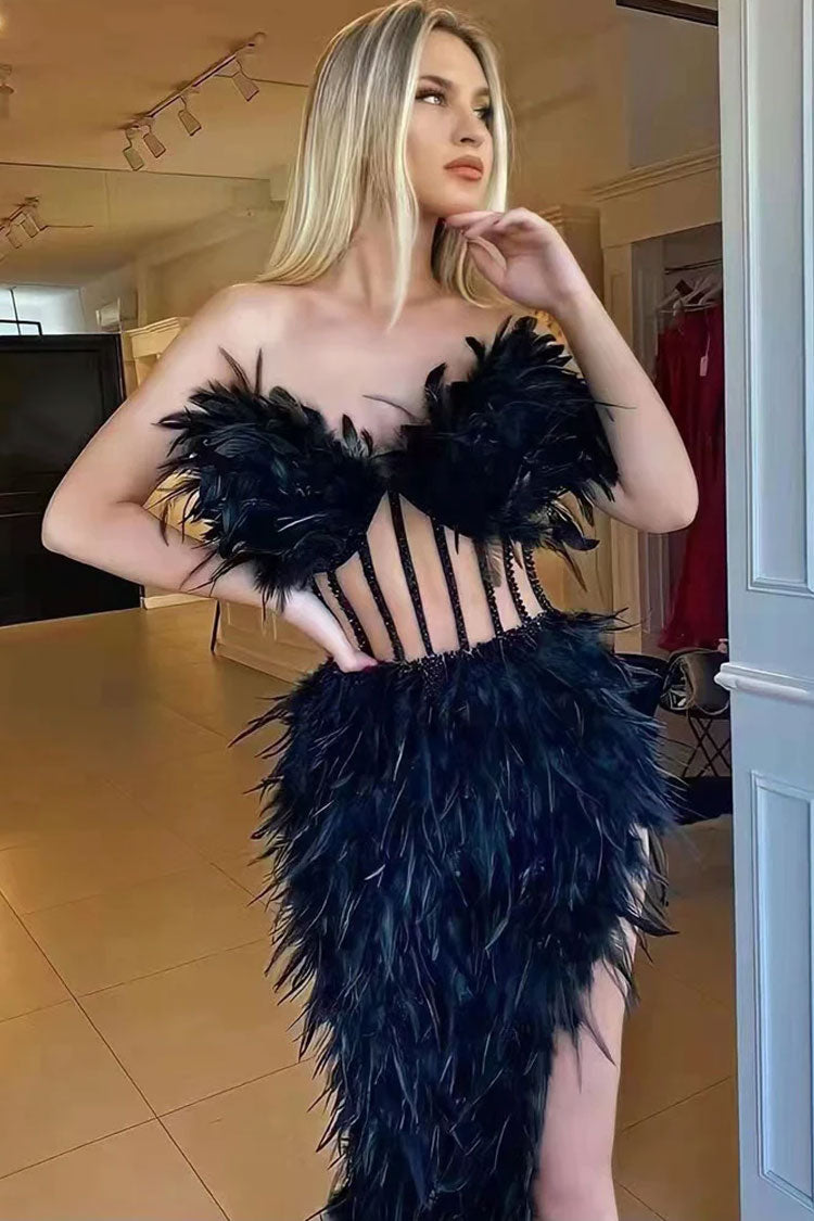 Rhinestone Sparkly Strapless Corset Feather Midi Dress - Black