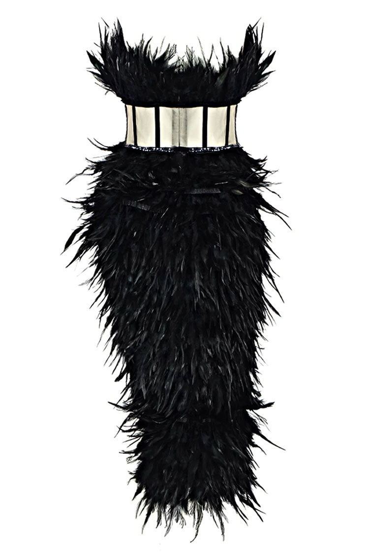 Rhinestone Sparkly Strapless Corset Feather Midi Dress - Black