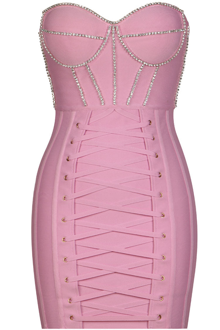 Shimmer Rhinestone Strapless Lace Up Bodycon Bandage Mini Dress - Pink