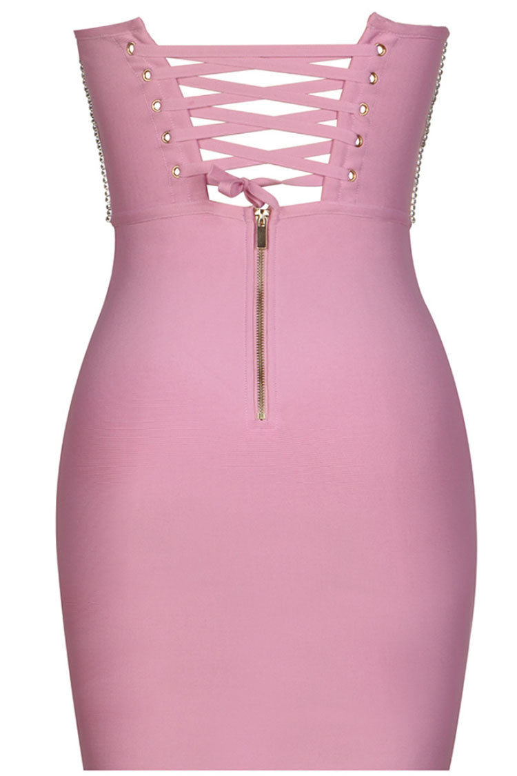 Shimmer Rhinestone Strapless Lace Up Bodycon Bandage Mini Dress - Pink