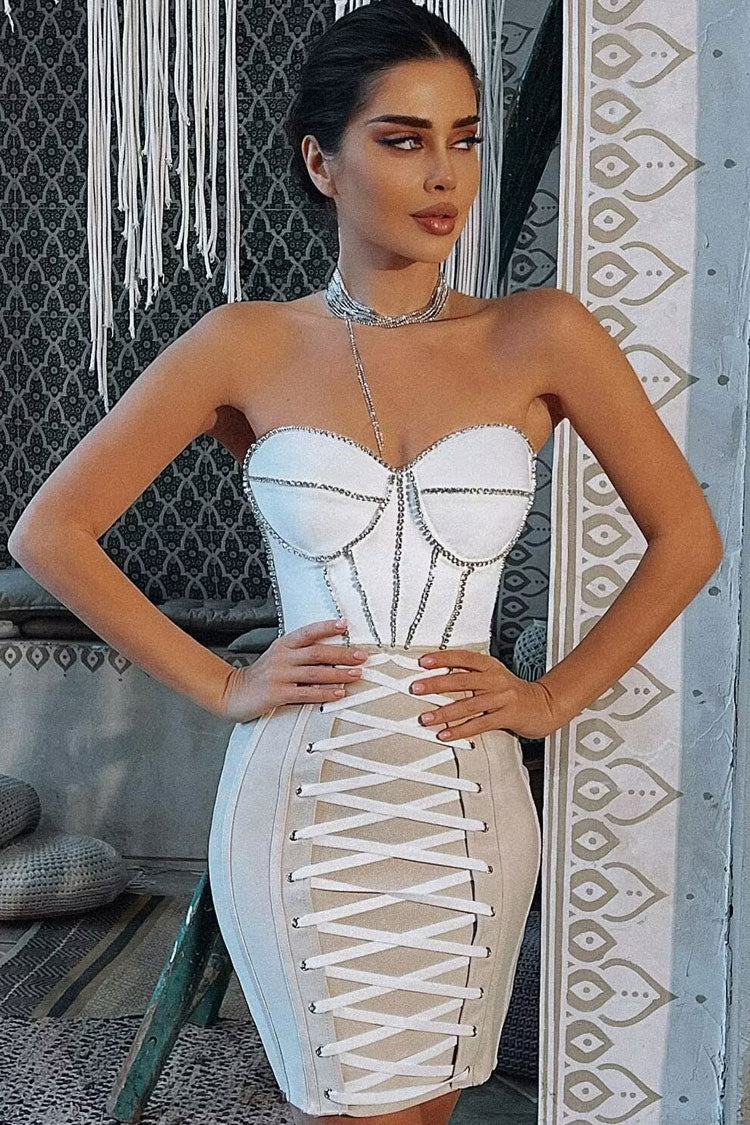 Glam Rhinestone Strapless Lace Up Bodycon Bandage Mini Dress - White