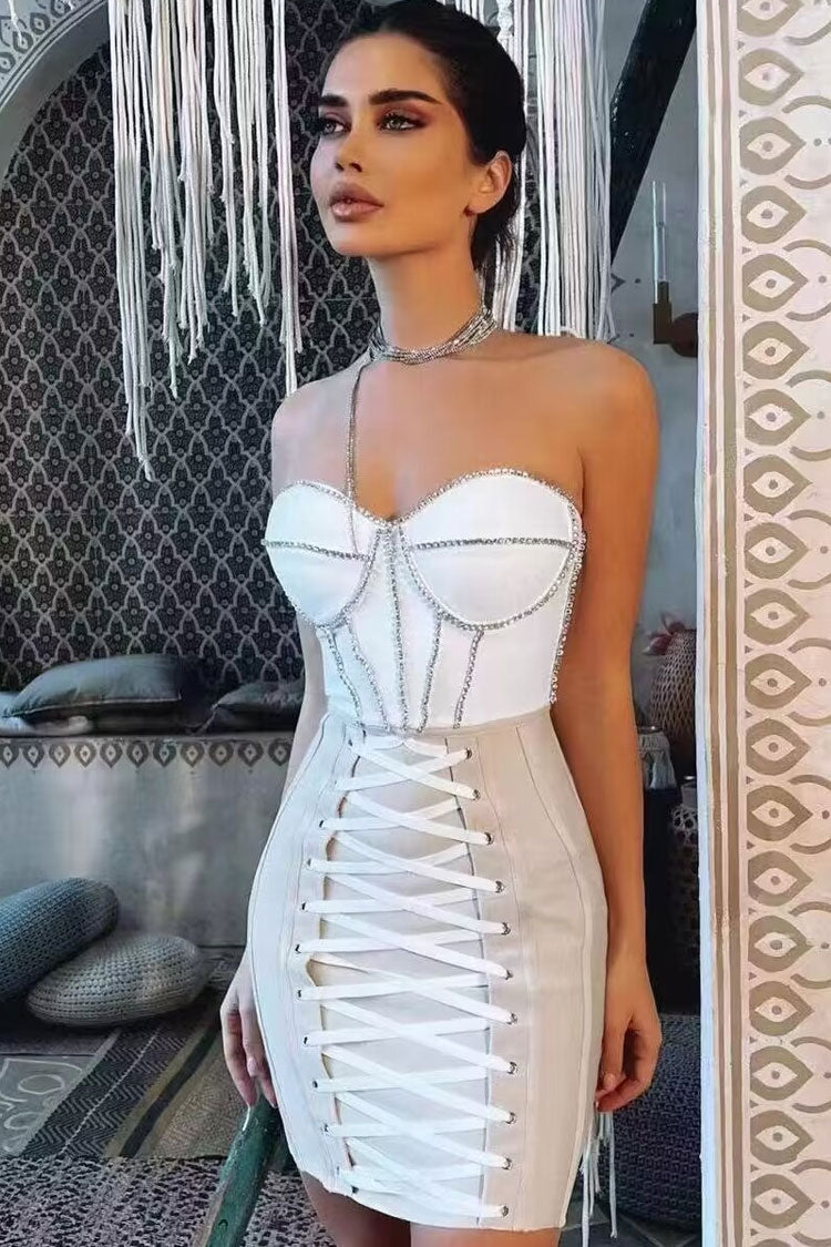 Glam Rhinestone Strapless Lace Up Bodycon Bandage Mini Dress - White