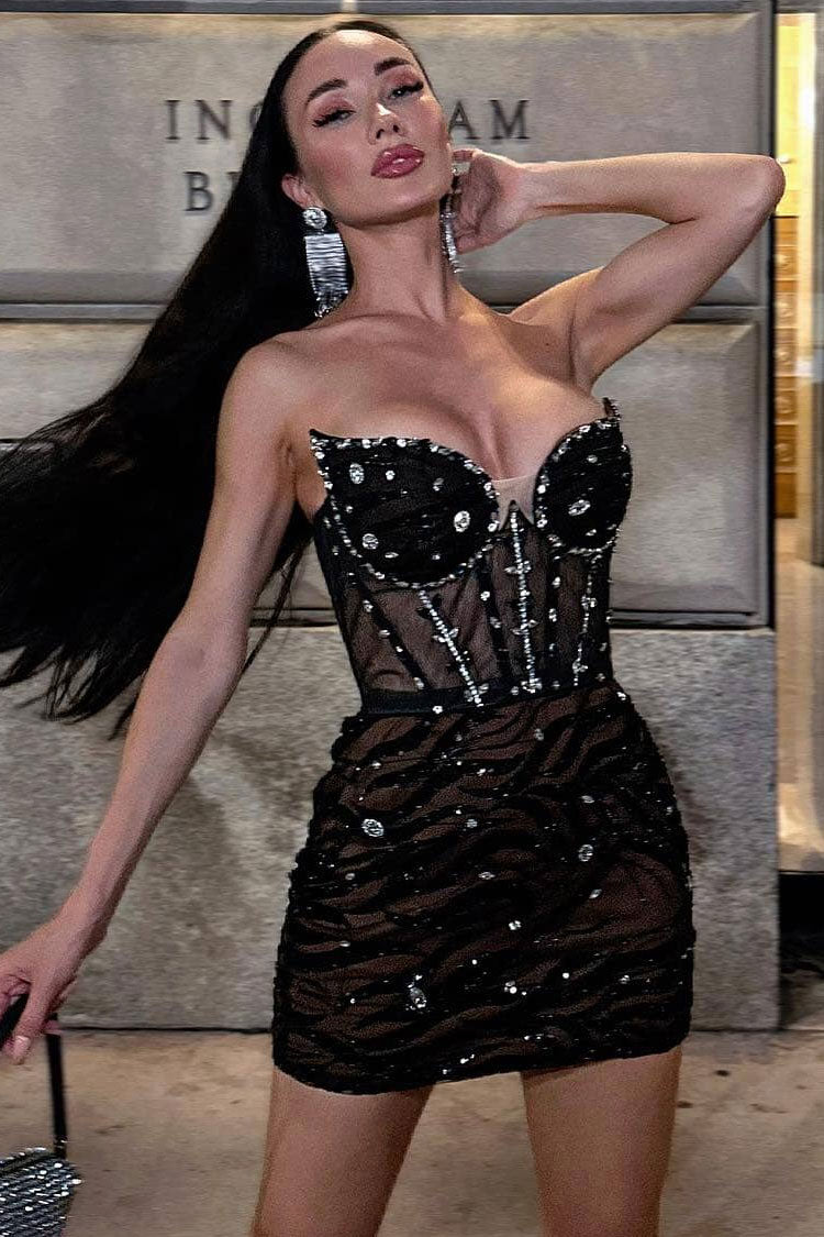 Sequined Rhinestone Strapless Ruched Sequin Mesh Corset Party Mini Dress - Black