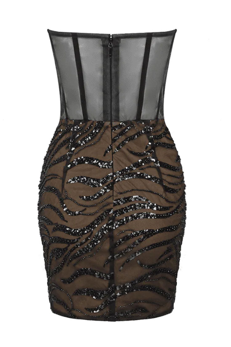 Sequined Rhinestone Strapless Ruched Sequin Mesh Corset Party Mini Dress - Black