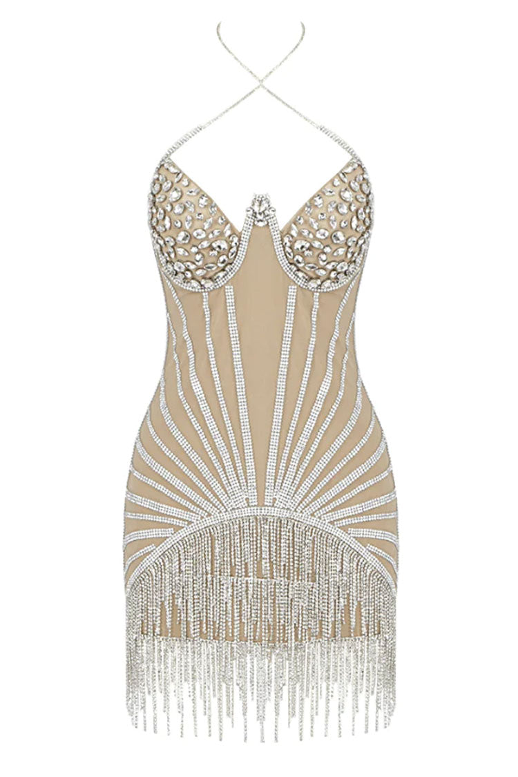 Shimmer Rhinestone Sweetheart Halter Neck Mesh Fringe Party Mini Dress - Silver